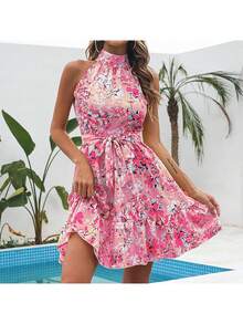 Women's Dress 2026 Spring Summer, New Collection, Elegant, Adjustable Strap, Ruffles, Wide Skirt, Floral Print, - Coral Pink - View 2