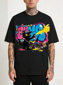 2026新款男士街头涂鸦黑猫喷绘T恤，宽松短袖上衣，夏季服装 - 黑色 - 查看 7