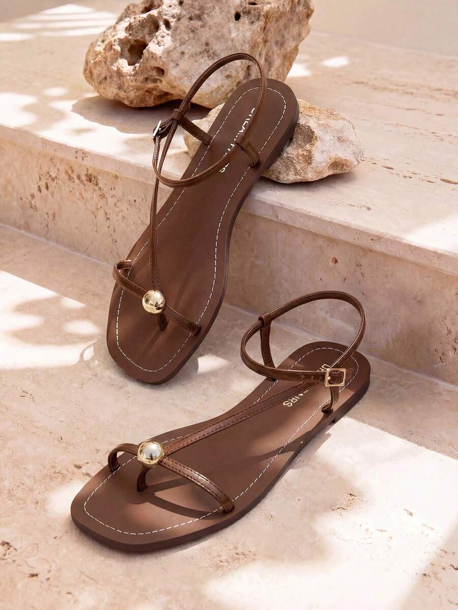 Women's Strappy Flat Sandals For Women Comfortable Open Square Toe Sandals Dressy Beach Thong Cute Wedding Summer Ankle Strap Sandals - 棕色 - 查看 1