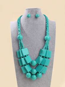 Conjunto de collar y aretes hecho a mano con cuentas multicapa exageradas, estilo bohemio, europeo, de Oriente Medio y del sur de Asia, para fiestas y vacaciones - Turquesa - Ver 4