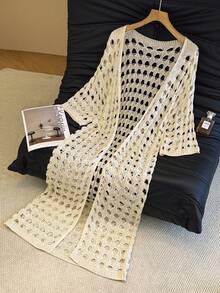 轻盈镂空大格纹长款针织开衫，宽松短袖休闲性感沙滩度假装，冰丝外套 - 杏色 - 查看 1