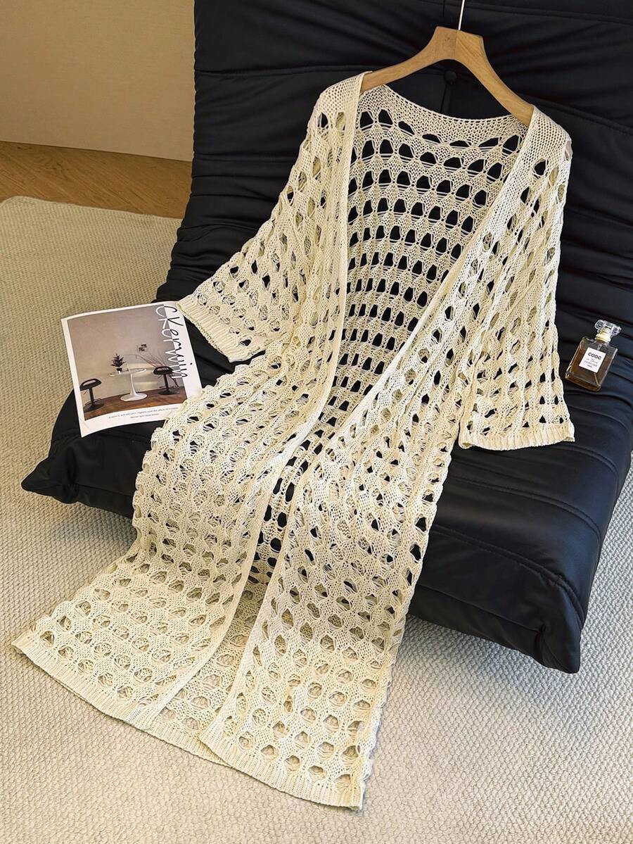 轻盈镂空大格纹长款针织开衫，宽松短袖休闲性感沙滩度假装，冰丝外套 - 杏色 - 查看 1