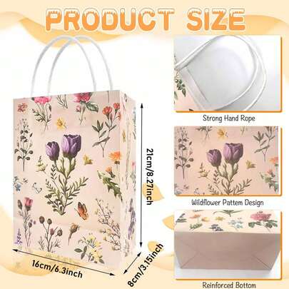 12 حقيبة هدايا بتصميم الزهور البرية الرائعة، أكياس هدايا ورقية بطراز الزهور البرية القديمة، أكياس هدايا لحفلات الزهور البرية، أكياس تسوق بمقابض، أكياس حلوى وهدايا زخرفية لحفلات الربيع