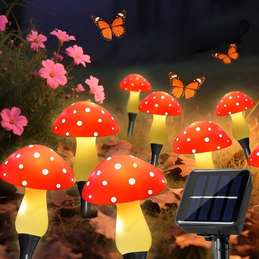 8/12/20个装LED太阳能蘑菇形地插灯，8种照明模式，户外花园小径草坪装饰，适合复活节派对氛围