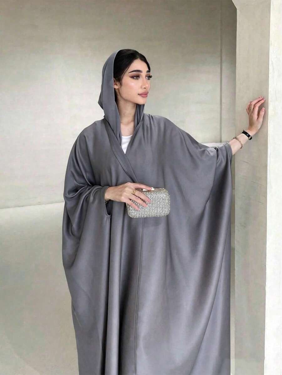 Minimalist Elegant Fashion Soft Glow Batwing Sleeve Abaya - Grey - View 1