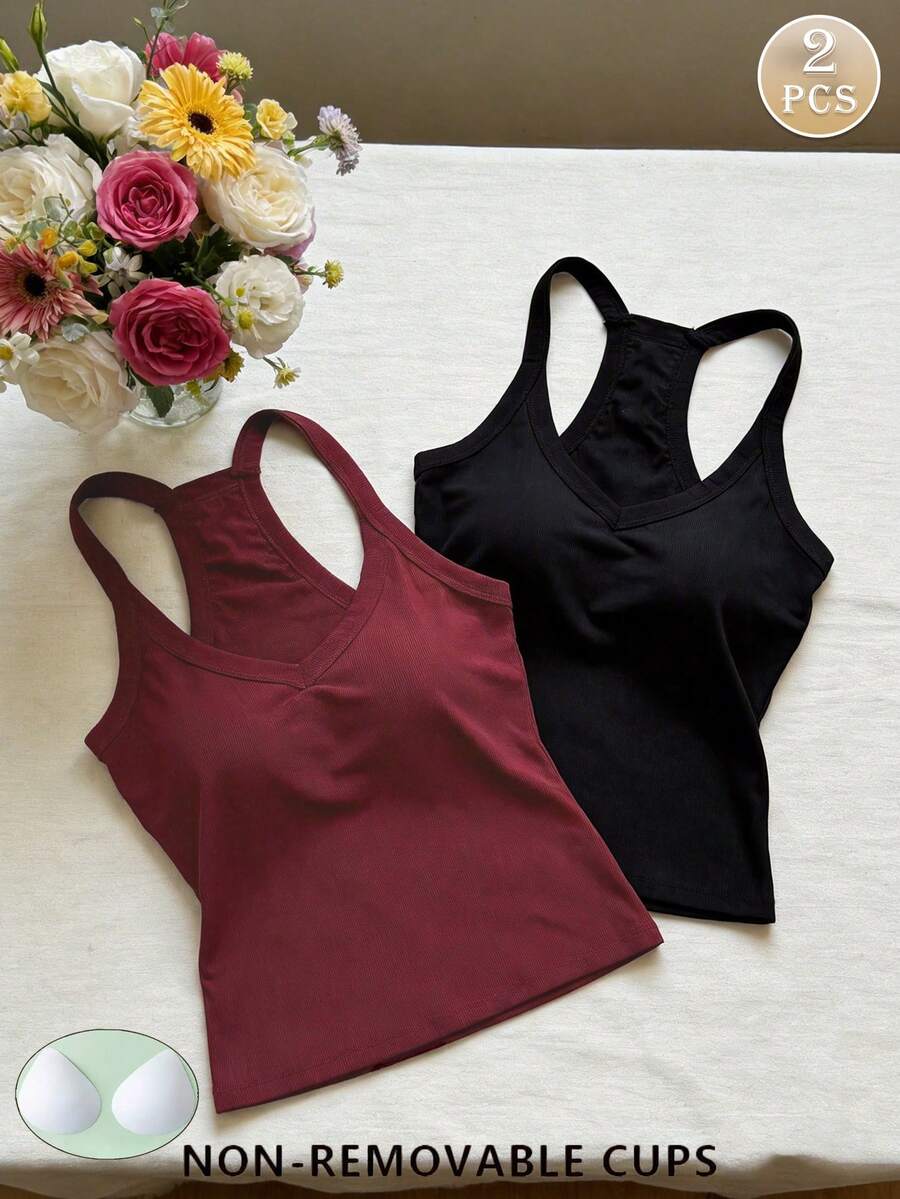 Set de 2 tops de tirantes de verano para mujer, camisetas básicas de unicolor ajustadas con almohadillas en el pecho - Multicolor - Ver 1