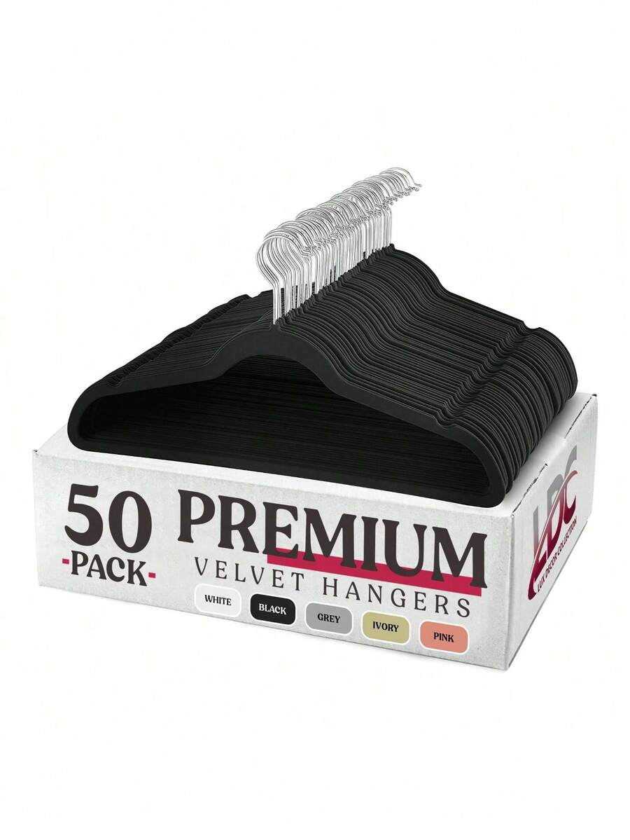 50pcs Black Velour Home Use Anti-Skid Clothes Hanger-Perfect For Various Clothing Items,Spring,Minimalist,Summer Tops - View 1