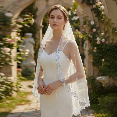 1件简约单层蕾丝刺绣仿珍珠短头纱，婚礼新娘配饰，适用于仪式和拍摄