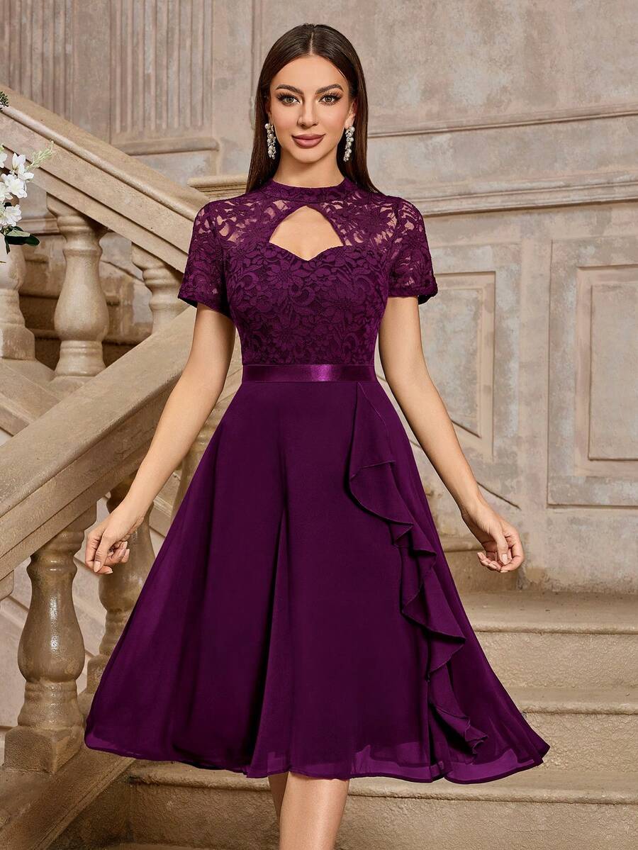 MIUSOL Đầm cocktail dáng xòe bằng chiffon, cổ cao, ren hoa, xếp ly bên hông, chất liệu ren hoa, thanh lịch cho mùa hè.