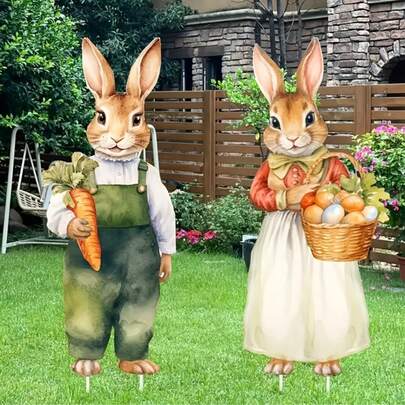 Large 2 Packs Contemporary Easter Bunny Yard Decor - Plastic Rabbit Signs For Outdoor Lawn Garden - Floor Mount, No Power Needed, Perfect For Easter Egg Hunt