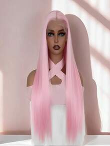 粉色直发合成蕾丝假发，中分直发粉色假发，自然发际线，耐热纤维蕾丝假发，女士角色扮演服饰 - 彩色 - 查看 3
