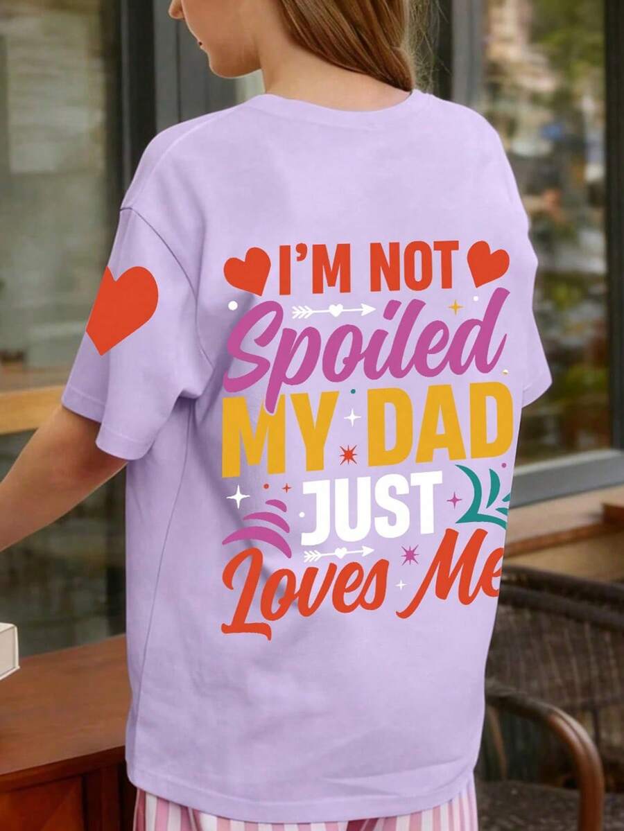 Girls' Casual Colorful Letter & Floral Print Graphic Crew Neck Short Sleeve T-Shirt, Summer New Arrival Girls Clothing - Purple - View 1