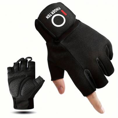 FINGER TEN Weightlifting Training Men Gloves 1 Pair For Left Right Hand, Half Finger Design For Breathable, Adjustable Wrist Strap Support & Padded Grip For Weight Lifting Gym Fitness Exercise Workout