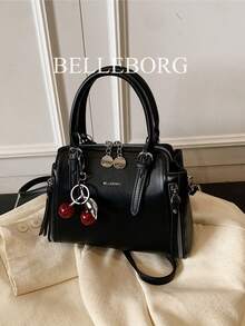 Vintage Minimalist Zipper Decor Commuter Handbag With Pendant - Black - View 2