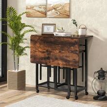 COSTWAY 3 Piece Dining Table Set, Extendable Kitchen Table With 2 Stools, Rolling Dining Room Table Set With 6-Bottle Wine Rack, Shelves & Side Pushing Handle, Folding Breakfast Table Set For Small Space, Brown - Brown - View 3