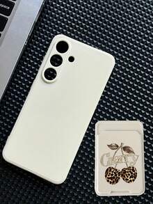 1pc Solid White TPU Shockproof Phone Case And 1pc Y2K Style White Leopard Cherry Pattern Sticker Card Holder 2-In-1 Fashion Versatile Creative Full Coverage Phone Case Suitable For Samsung A14/A54/A56/A31 4G/A23, A98, S24 S25 Ultra, A5 13C 14C, Note 14 15 Pro 4G, K60 Ultra - Multicolor - View 2