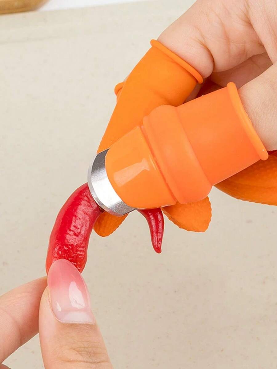 [5pcs] Thumb Knife Vegetable Herb Stripper Finger Protector, Kitchen Gadget For Picking Chili Pepper, Beans, Peas, Fingernail Protector, Vegetable Picking Tool - Orange - View 1