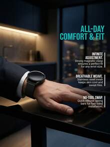 2pcs/Set Black Milanese Loop Magnetic Band & 2-In-1 Integrated Case Compatible With Samsung Galaxy Watch 7/6/5/4 (40mm/44mm), Premium Stainless Steel Mesh Bracelet With Strong Magnetic Buckle & Hard PC Bumper Case Built-In Tempered Glass Screen Protector - Black - View 6