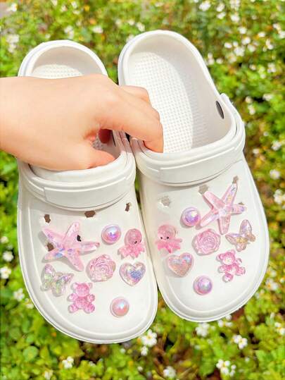 16pcs/Set Pink Shoe Accessories (Starfish, Butterfly, Rose, Octopus) Suitable For Summer Slippers, Beach Shoes, Garden Shoes, Sandals DIY Decor, Excellent Birthday, Party, Holiday Gift