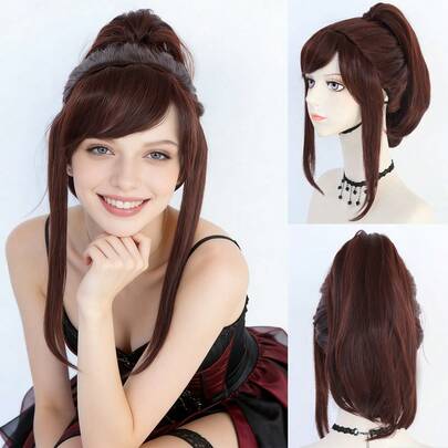 Brown High Ponytail Cosplay Wig, Heat Resistant Synthetic Hair With Bangs & Detachable Claw Clip Ponytail, Medium Length Straight Fake Hair For Women, Natural Looking Anime Style Wig For Holiday, Comic Con, Costumes Events, Themed Parties & Daily Wear