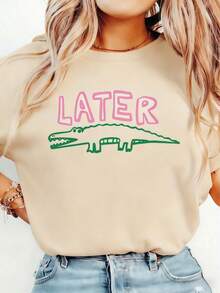 Women's Funny Later Gator T-Shirt - Sarcastic "Later" Crocodile Graphic Tee In White & Pink - Lightweight Everyday Shirt For Women - Machine Washable Casual Top, Allseason Apparel, Playful Graphic Shirt, Comfortable Fit ShirtBreathable All-Season Round Neck Printed T-Shirt - 杏色 - 查看 9