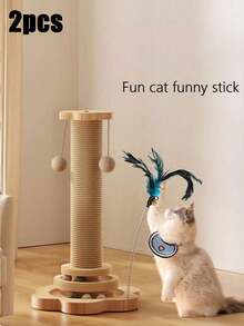 1pc/2pcs Cat Scratching Post/Climbing Tower With Elevated Design, Featuring Durable Anti-Scratch Sisal Rope Pads. Includes Built-In Cat Teaser Wand And Cat, Perfectly Satisfying Cats' Self-Grooming, Scratching And Entertainment Needs. An Excellent Gift For Kittens. Cat Scratching Post, Cat Supplies, Cat Toys - Khaki - View 12