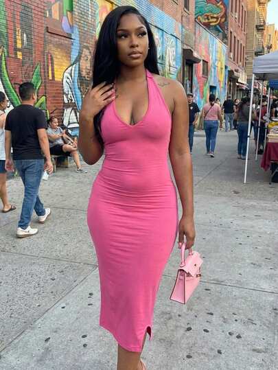 夏季新款复古性感露背挂脖中长连衣裙，高腰修身前开衩