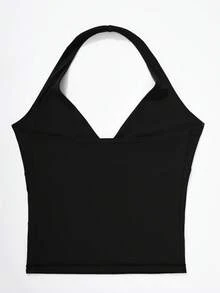 OMKAGI  Women's V-Neck Collarless Short-Sleeved Tank Top Y2K  Streetwear Style Top See-Through Top With Exposed Neckline - 黑色 - 查看 3