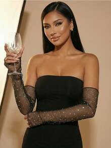 1 双亮片蕾丝袖套，适合户外防晒、夜店、派对和日常穿着，闪亮亮片露指长手套，时尚派对情人节必备，闪亮镂空街头面料，适合所有季节 - 黑色 - 查看 3