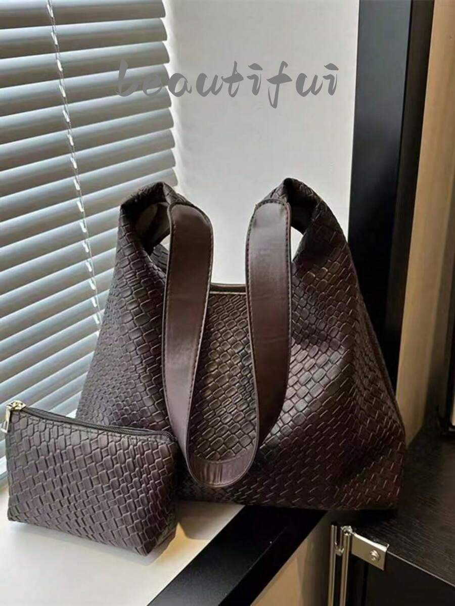 时尚女士新月形编织单肩包，PU皮革斜挎包带零钱包，新款时尚大容量女士包 - 棕色 - 查看 1