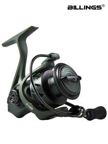 BILLINGS Carrete de pesca giratorio, 5+1 rodamientos de bolas ultra suaves y potentes con bobina de aluminio, arrastre máximo de 8 kg, relación de engranaje de 5.2:1 para pesca de agua dulce y salada, mango intercambiable - Verde militar - Ver 2