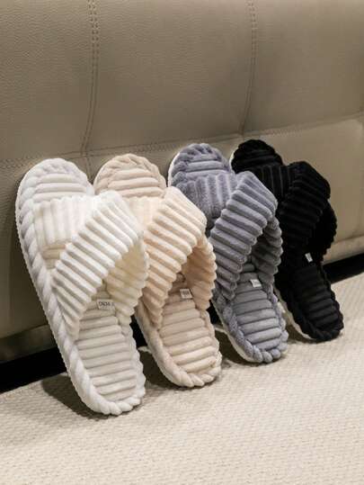 Unisex Corduroy Criss-Cross Slippers, Soft Bottom Comfortable Open Toe Indoor Bedroom Living Room Casual Solid Color House Slippers, Suitable For All Seasons Office Floor Casual Slippers