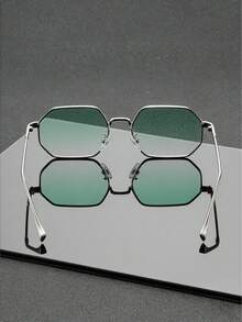 1 Pair Modern Elegant Unisex Silver & Green Color Block Thin Metal Small Frame Lightweight Glasses, Daily Commute Street Style Essential - Ombre - View 5