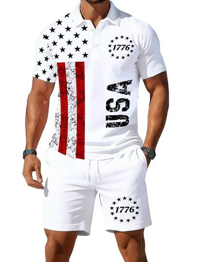 男士户外几何印花短袖亨利衫短裤套装（2件套），运动风，经典款，夏季