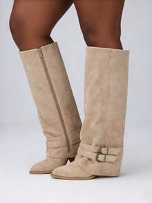 Women's Vintage Suede Knee High Boots Buckle Detail Slouchy Boots With Side Zipper For Spring Outfits - 杏色 - 查看 8