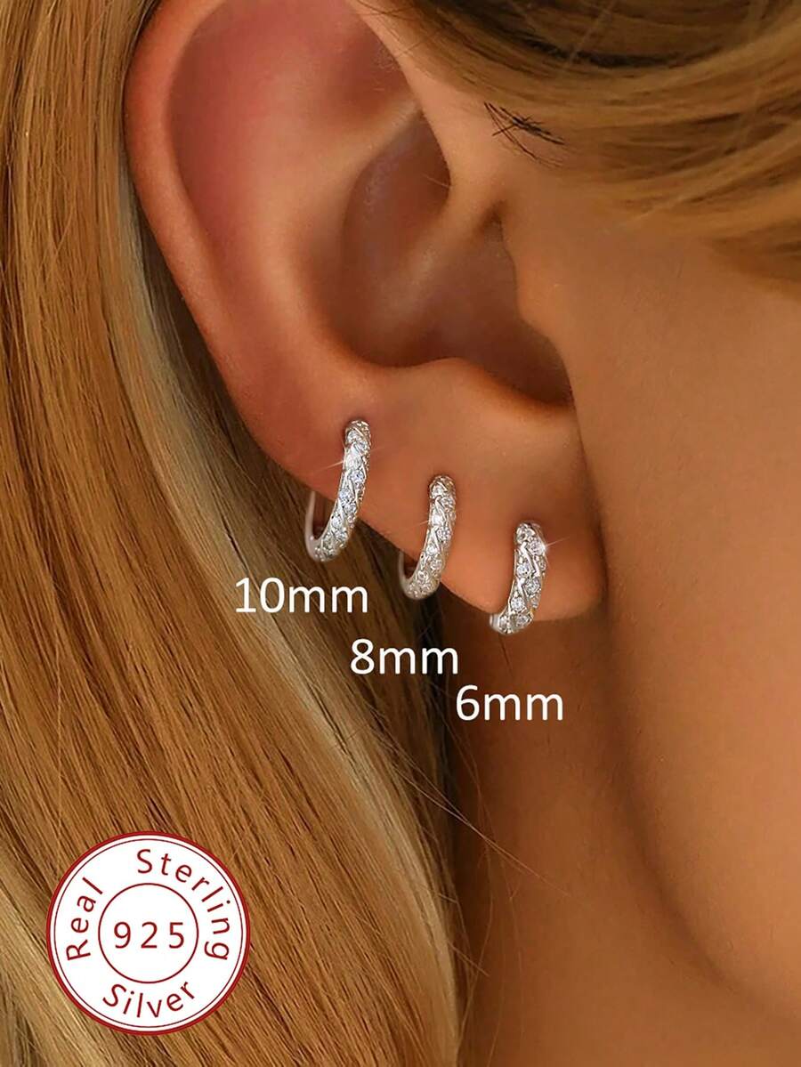 1 Pair S925 Sterling Silver 6-10mm Crystal Round Earrings, Elegant Jewelry Gift For Women, Party, Birthday, Date Night - Full Diamond Earrings - View 1