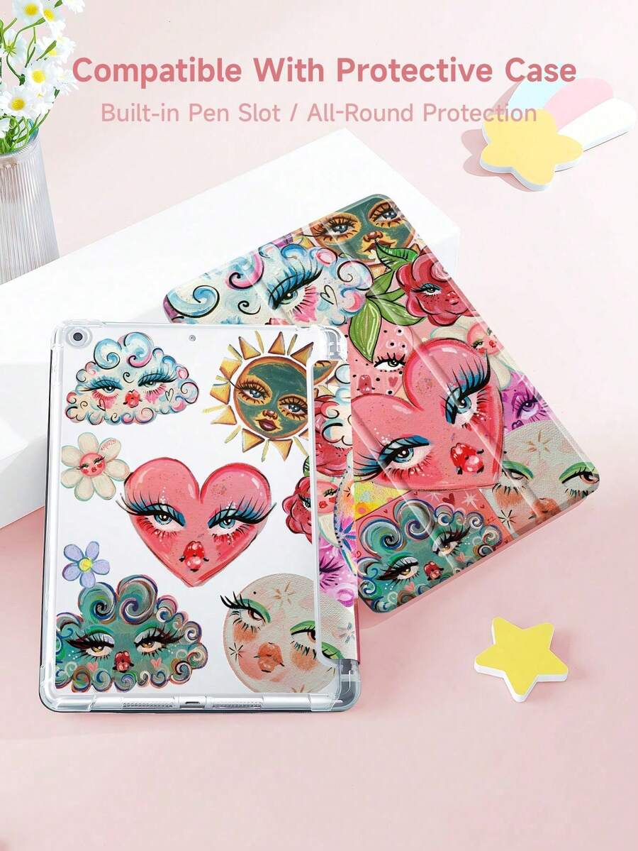 Ayotu 1pc Long Lashes, Lips & Cloud Double-Sided Printed Protective Case, Compatible With  10.2" 2021/2020  9th/8th Gen, Compatible With Samsung Galaxy Tab A8 10.5" 2022, With Pen Holder, Support Auto Sleep/Wake Cover - 查看 1