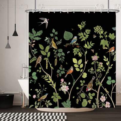 1pc Fashionable Dark Themed Plant Flower And Bird Shower Curtain, Plant Flower And Bird Printed Shower Curtain, Very Suitable For Bathroom Decoration, Universal Room Decoration, Home Decoration Shower Curtain, Bathroom Accessories Bathtub Curtain Shower Curtain