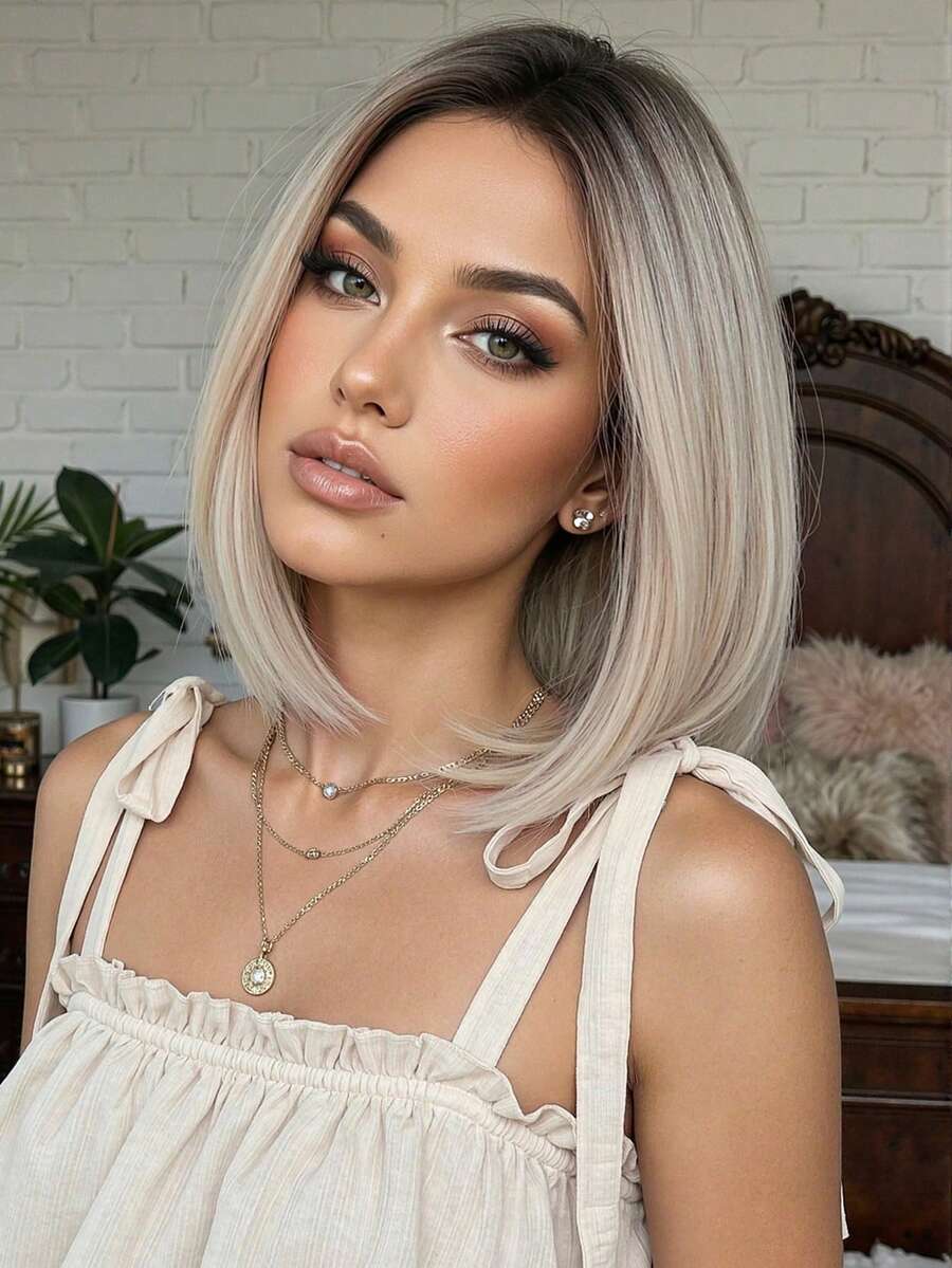 Omber Ash Gradient Blonde Wigs Short Straight Layered Bob Wig Medium Part Ombre Dark Roots Ash Golden Wig Heat-Resistant Synthetic Wig For Women Daily Suitable For Fashionable Women 10 Inch