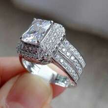 Anillos de pareja rectangulares de lujo con tres capas y cuatro garras, joyería de regalo de compromiso/boda con circonita cúbica sintética - Blanco - Ver 8