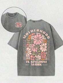 2026 Summer Clothes2026 Summer TopsRetro Washed Double Sided Printed Gray T-Shirt (230g Pure Cotton T-Shirt) Motherhood Is Kingdom Work Christian Graphic Tee With Proverbs 31:25-27 And Floral Design, Comfortable, Fashionable T-Shirt, Street Style CottonLoose And ComfortableshirtsLoose And Comfortablesummer Tops - Xám - Xem 1
