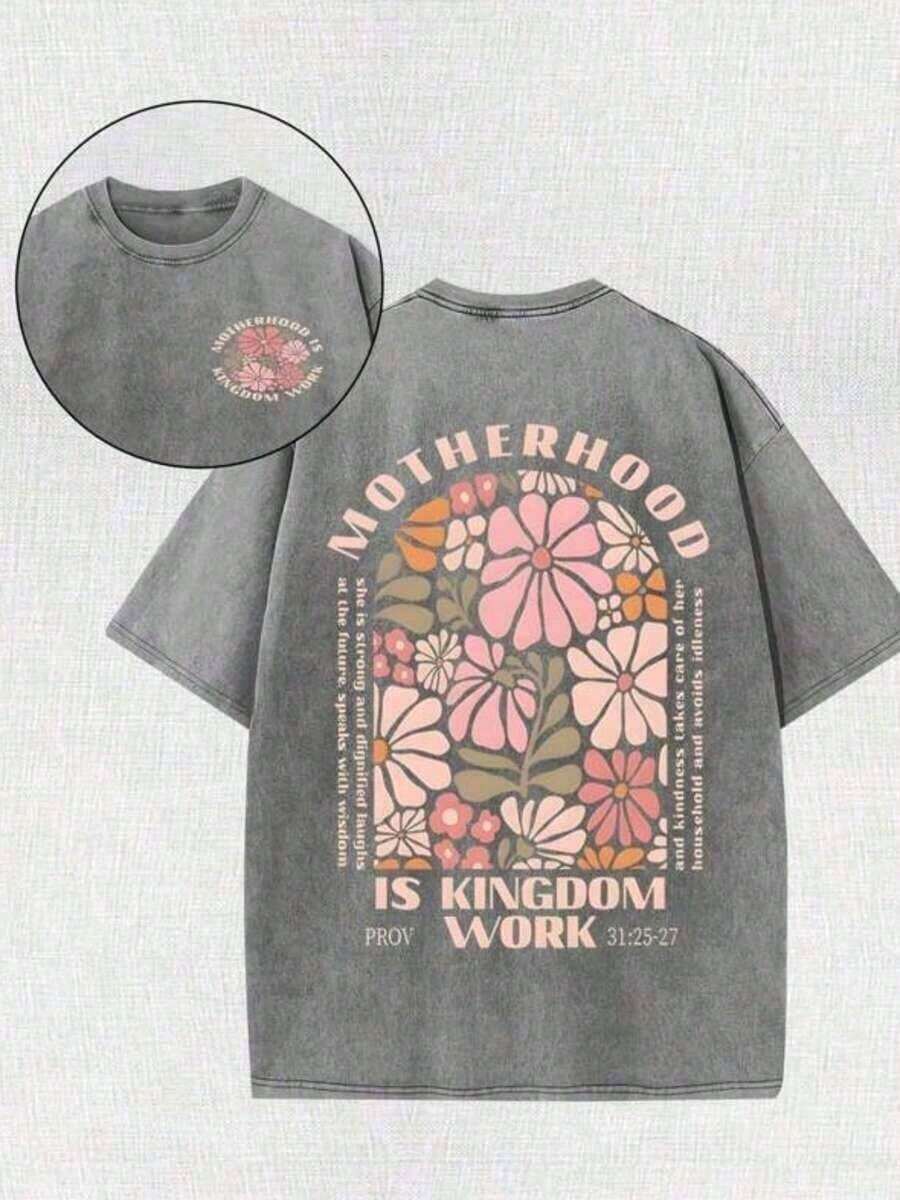 2026 Summer Clothes2026 Summer TopsRetro Washed Double Sided Printed Gray T-Shirt (230g Pure Cotton T-Shirt) Motherhood Is Kingdom Work Christian Graphic Tee With Proverbs 31:25-27 And Floral Design, Comfortable, Fashionable T-Shirt, Street Style CottonLoose And ComfortableshirtsLoose And Comfortablesummer Tops - Xám - Xem 1