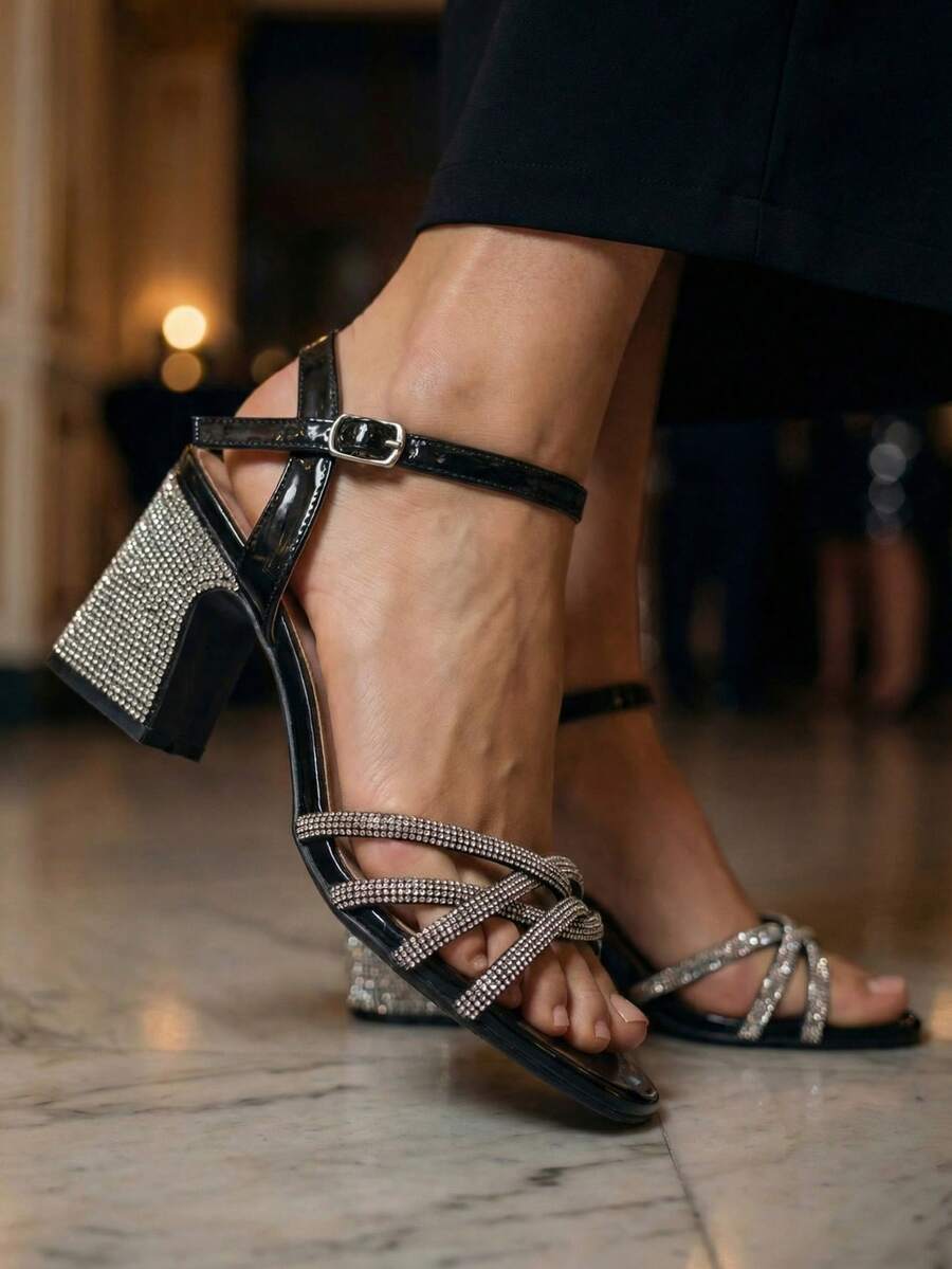 RevReaL Crystal-Strapped Block-Heel Sandals - Dance-Floor Ready, Bohemian Party - Black - View 1