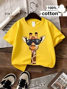 Boys' 100% Casual Short-Sleeved T-Shirt With A Giraffe Print Wearing Stylish Glasses And Sticking Out Its Tongue - Fun Summer Design, Machine Washable, Regular Fit For Casual Wear, Relaxed Kids' Fashion, Comfortable, Fun Print And Breathable. - 黃色 - 查看 1