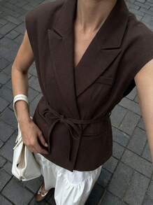 女士纯棕色翻领亚麻混纺外套 - 深棕色 - 查看 1