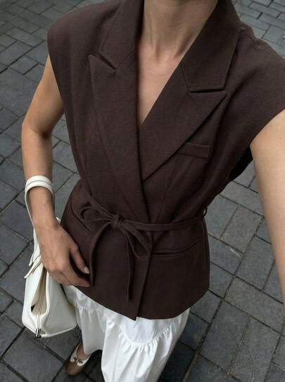 Chaqueta de mezcla de lino con cuello de solapa de color marrón sólido para mujer