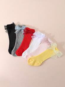 6 đôi tất cho bé gái, tất dài quá đầu gối bằng vải cotton ren lưới có nơ cho bé sơ sinh, tất dài công chúa cho bé sơ sinh. - Nhiều màu - Xem 6
