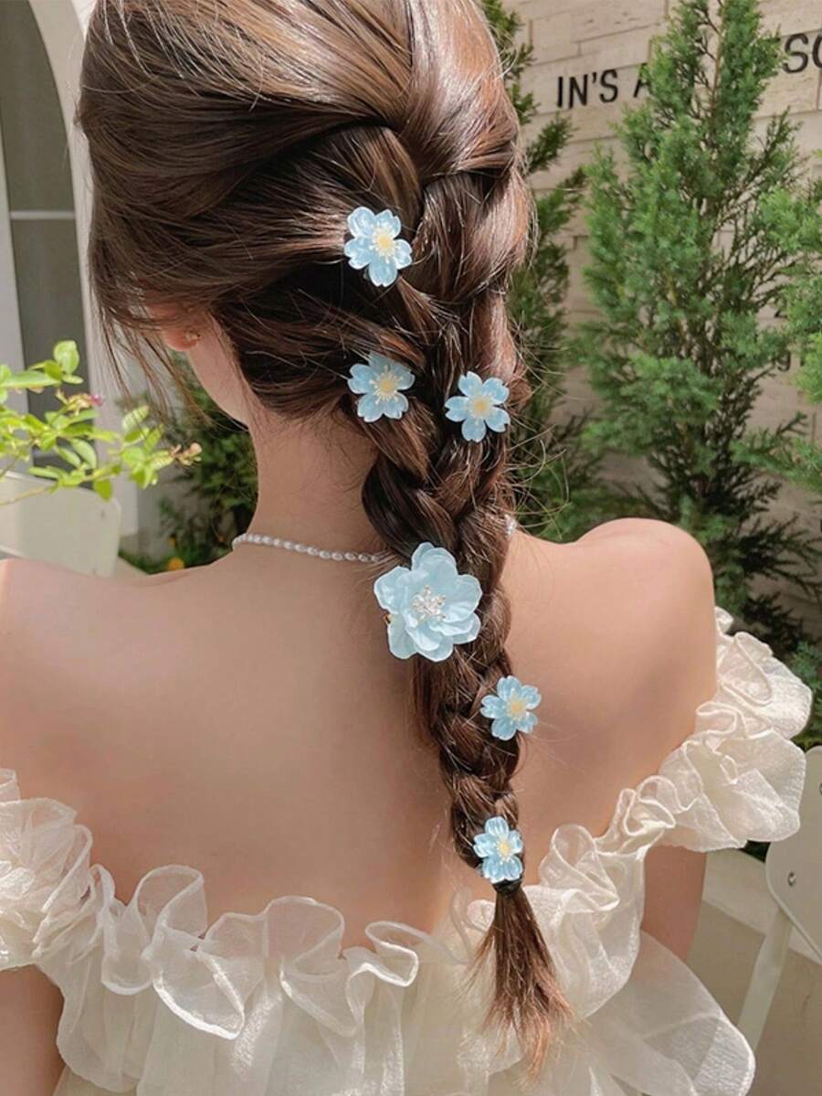 6个女士时尚黄色花朵发夹，甜美迷你发卡，优雅公主樱花爪夹，芭蕾舞者Y2K仙女发饰，适合日常佩戴，可爱粉色发饰，情人节配饰，发爪，发夹，发卡，发卡 - 藍色 - 查看 1