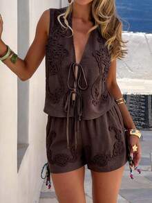 Bộ đồ 2 mảnh bằng vải lanh dành cho nữ của PoPoHouse, kiểu dáng thanh lịch, giản dị, không tay, thắt nơ phía trước + quần short ống rộng, trang phục đi biển mùa hè, màu nâu. - màu nâu - Xem 5