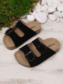 Summer New Kids Anti-Slip Soft Bottom Double Buckle Minimalist Fashion Flat Slippers Beach Sandals, Suitable For Beach Vacation - Black - View 1